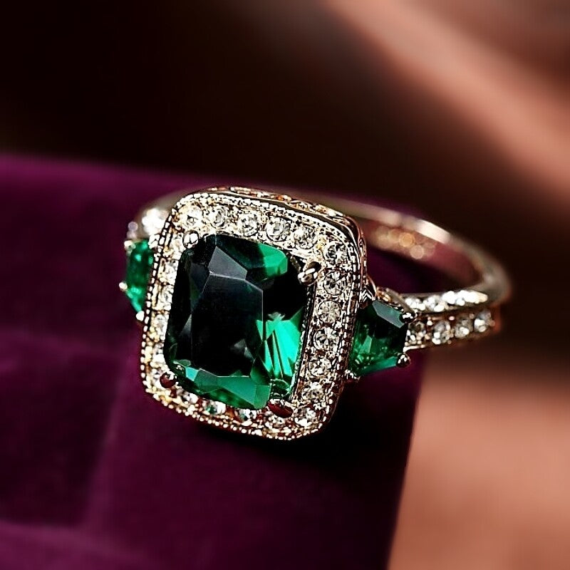 Vellaire™ Luxe Rose Gold Cushion Cut Pavé Green Crystal Ring