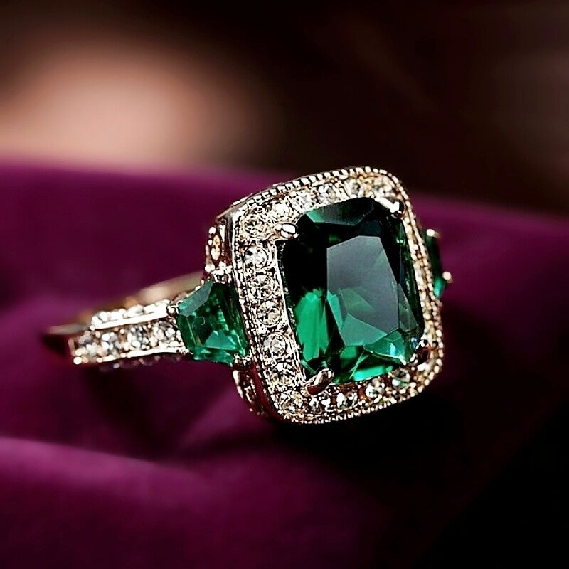 Vellaire™ Luxe Rose Gold Cushion Cut Pavé Green Crystal Ring